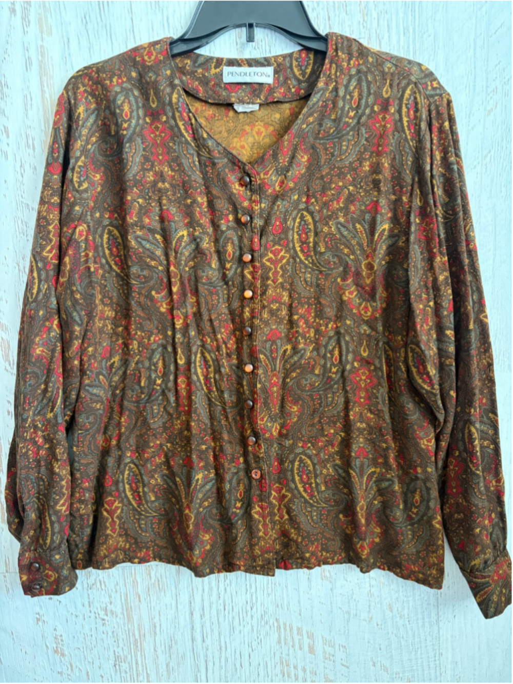 Women's Pendleton Paisley Blouse Size 12 Brown Red Long Sleeve Button Down